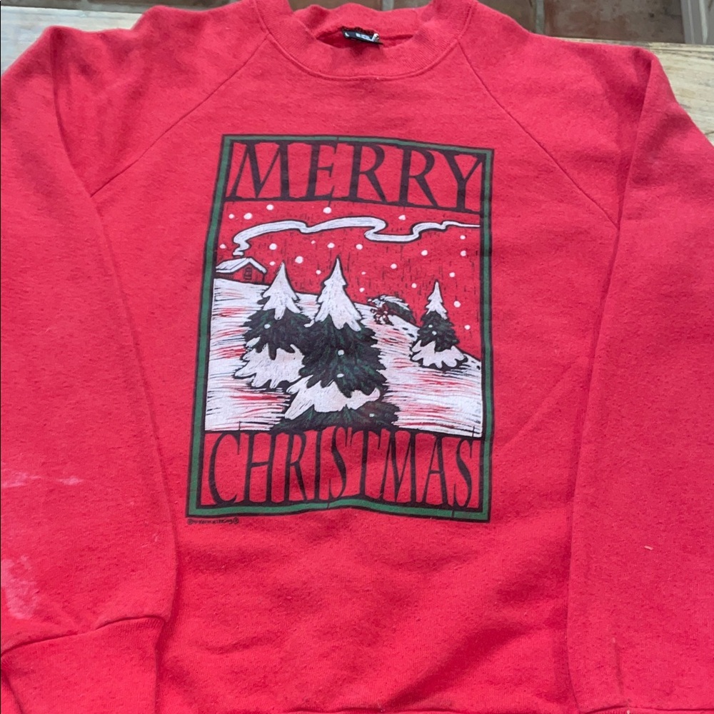 Screen Stars Vintage Red Merry Christmas Crewneck Sweatshirt, large